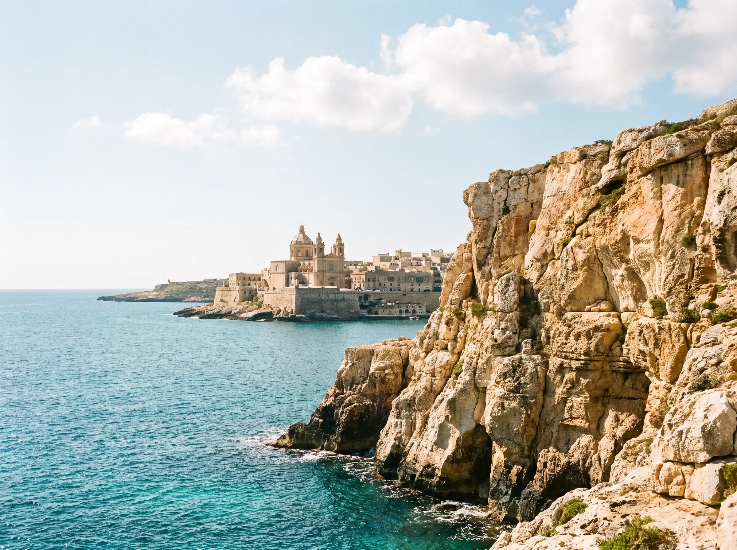 Maltese limestone coastline with turquoise Mediterranean water and a historic town in the distance